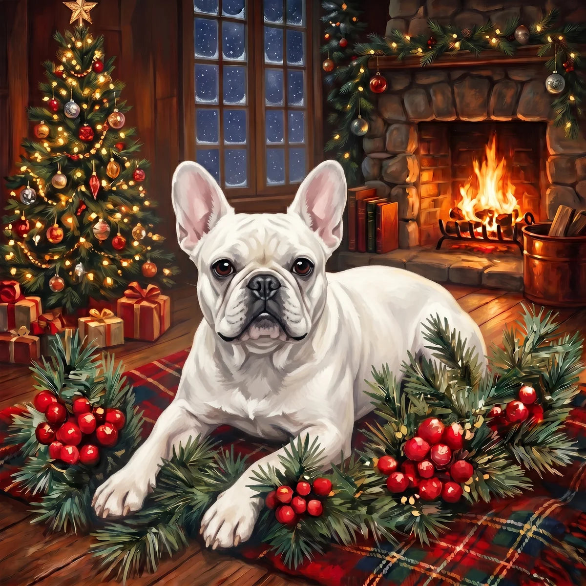 Christmas Holly White French Bulldog Diamond Art Kit