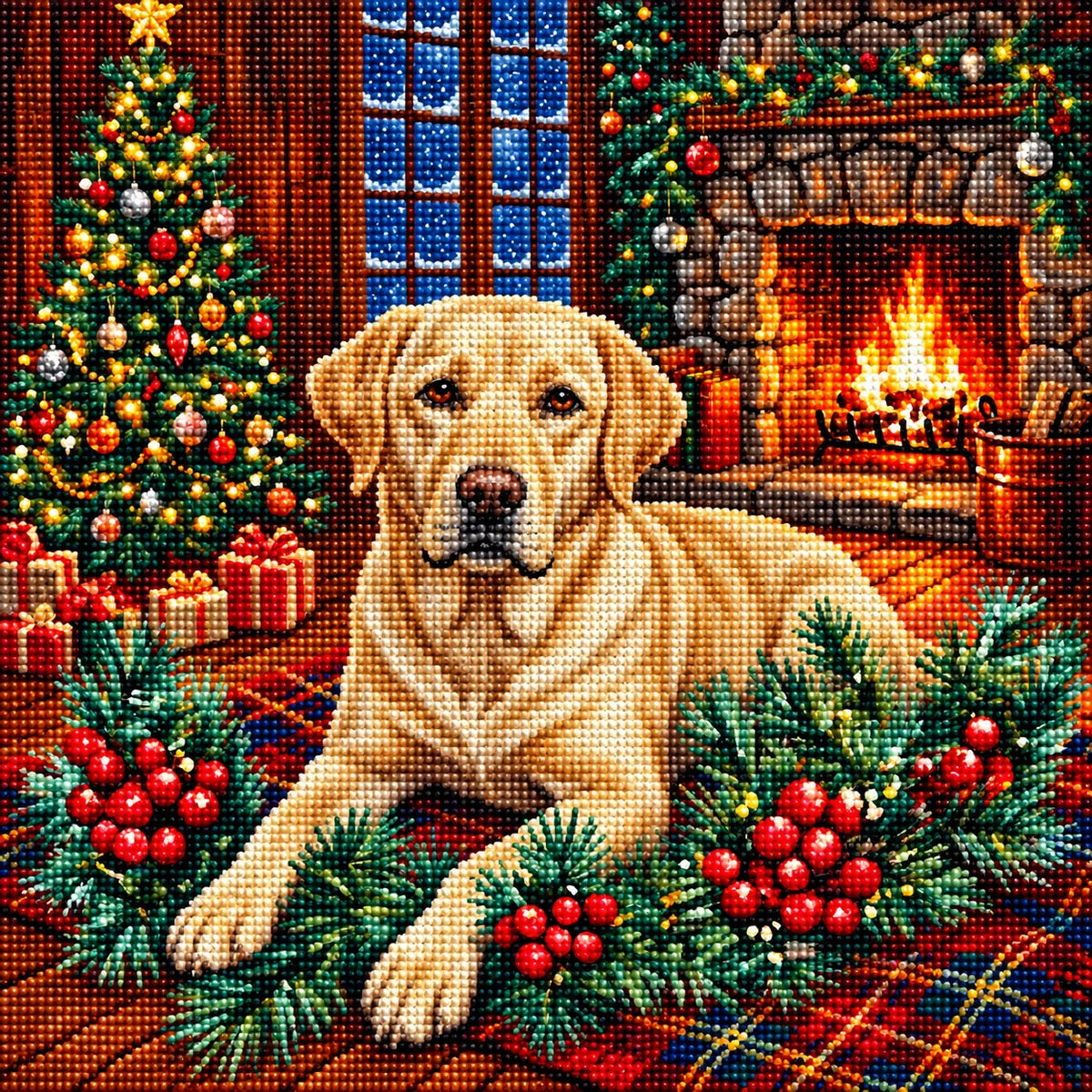 Christmas Holly Yellow Labrador Retriever Diamond Art Kit