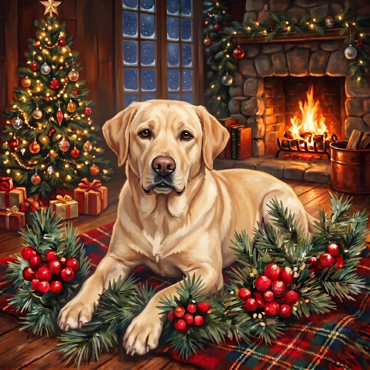 Christmas Holly Yellow Labrador Retriever Diamond Art Kit