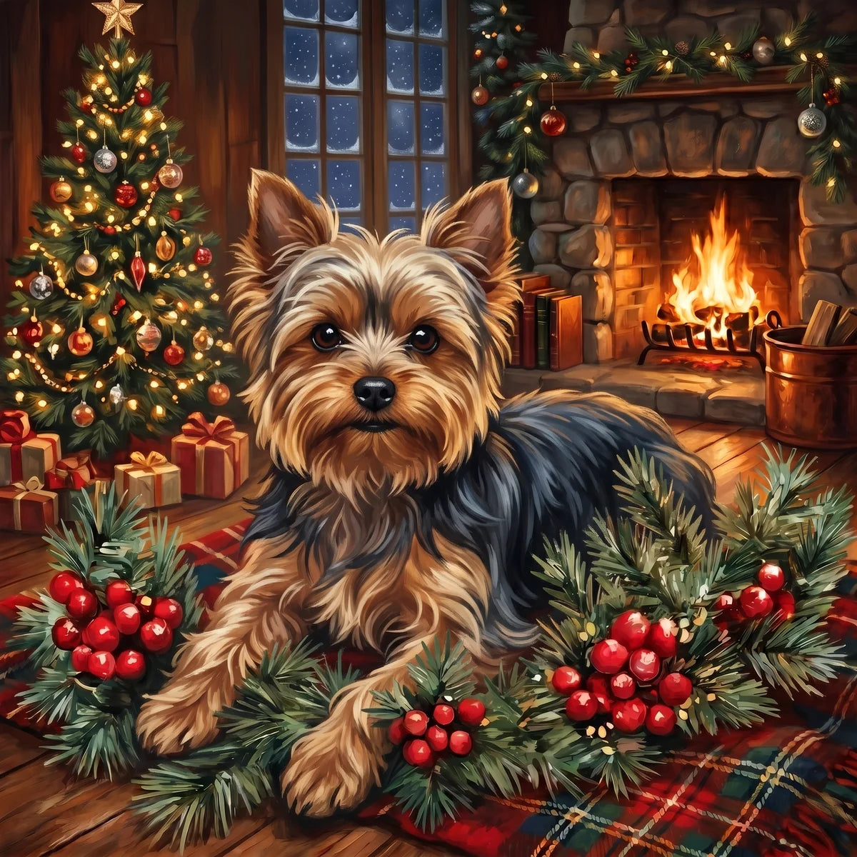 Christmas Holly Yorkshire Terrier Diamond Art Kit