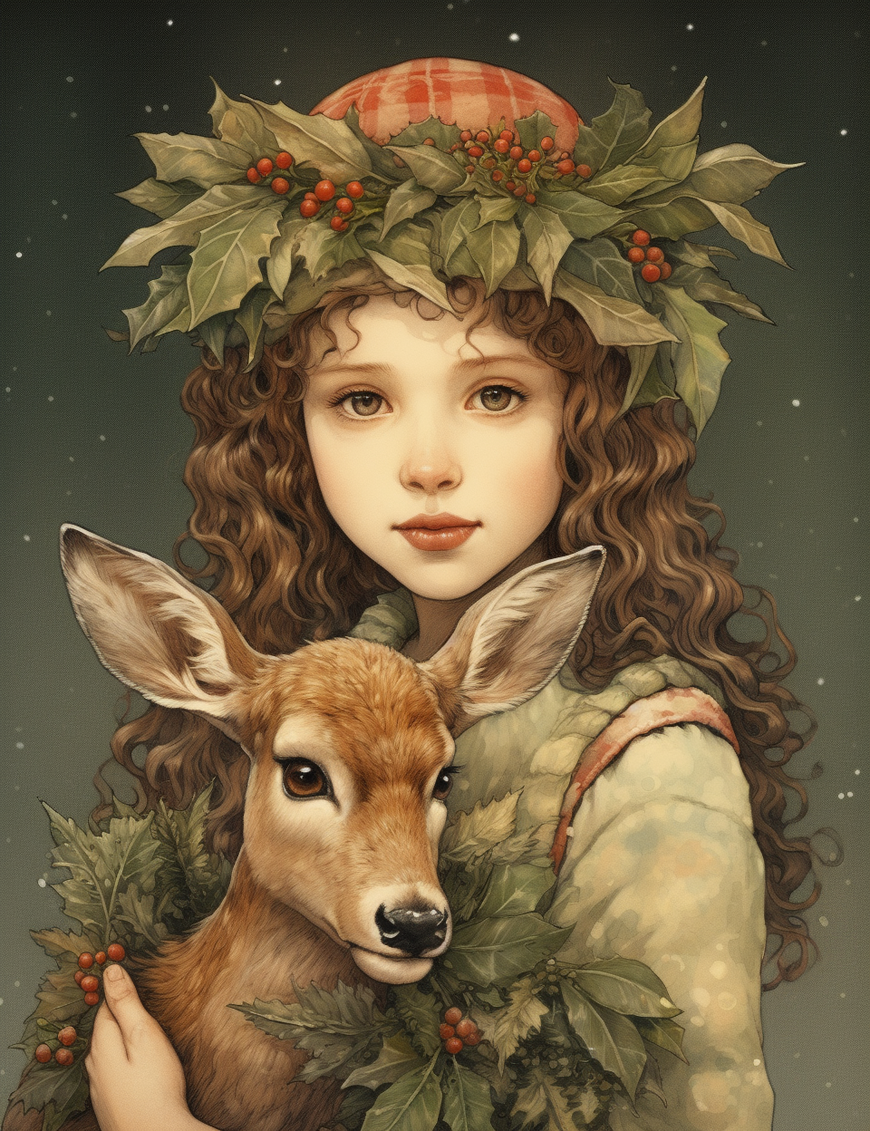 Christmas Holly Girl and Deer Diamond Art Kit