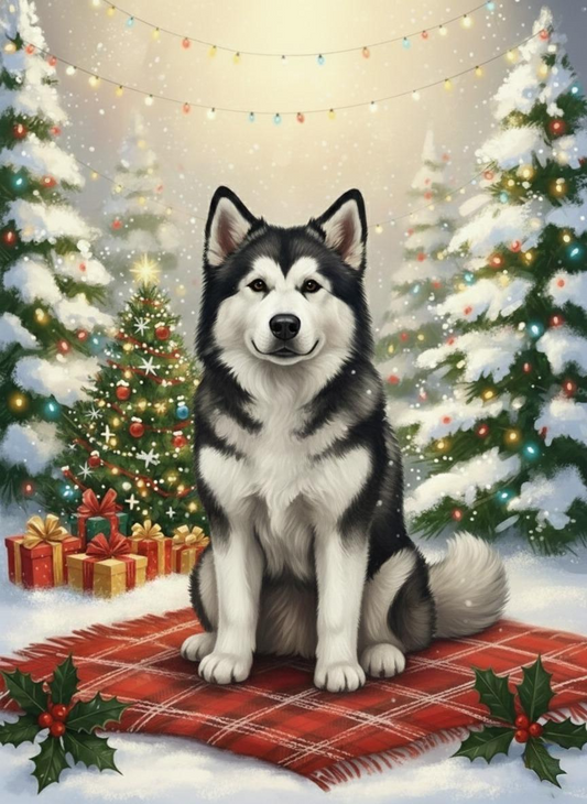 Christmas Tree and Presents Alaskan Malamute Diamond Art Kit