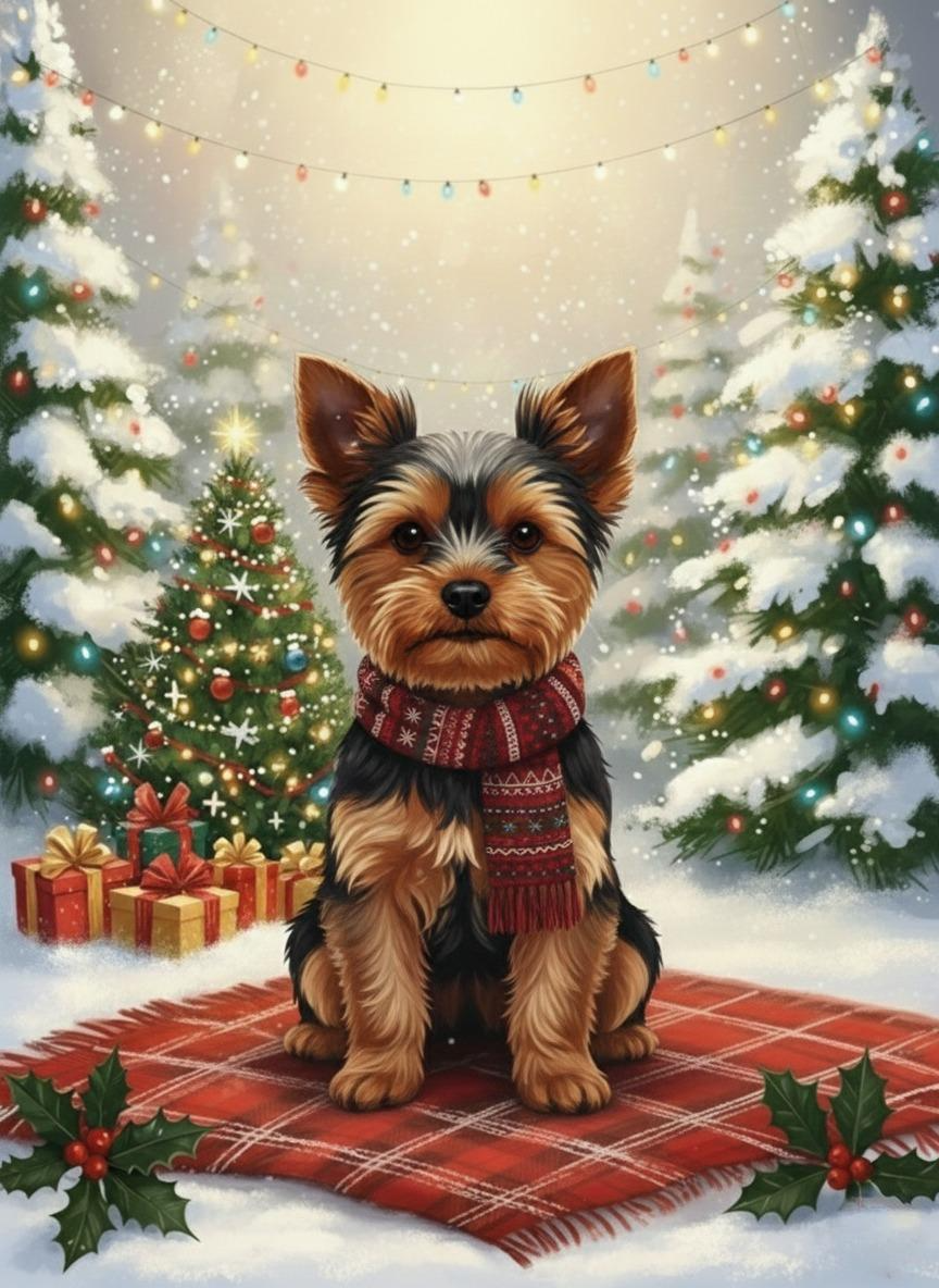Christmas Tree and Presents Yorkshire Terrier Diamond Art Kit