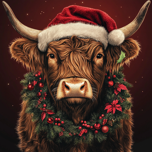 Christmas Wreath Santa Hat Highland Cow Diamond Art Kit