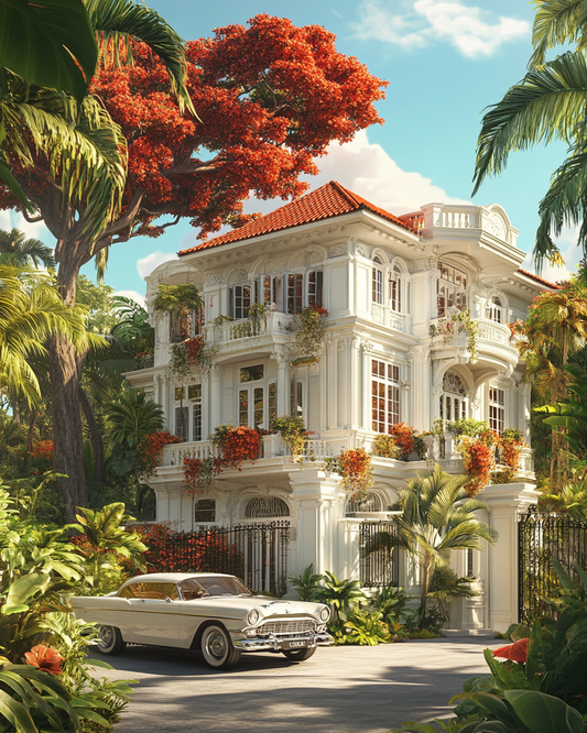 Classic Car and White Tropical Mansion Diamond Art Kit