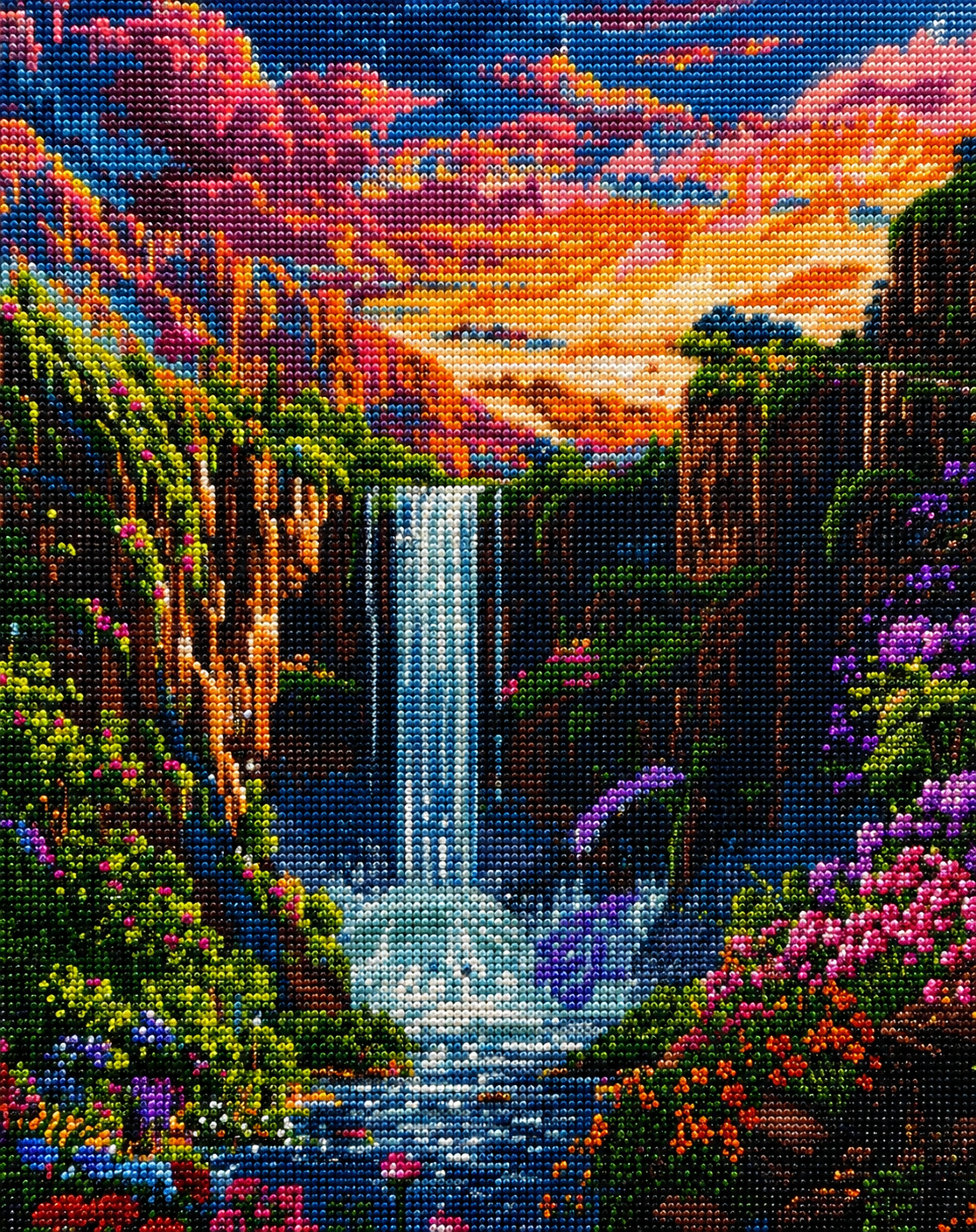 Cliff Waterfalls And Flowers Diamond Art Kit — diamond art kit canvas