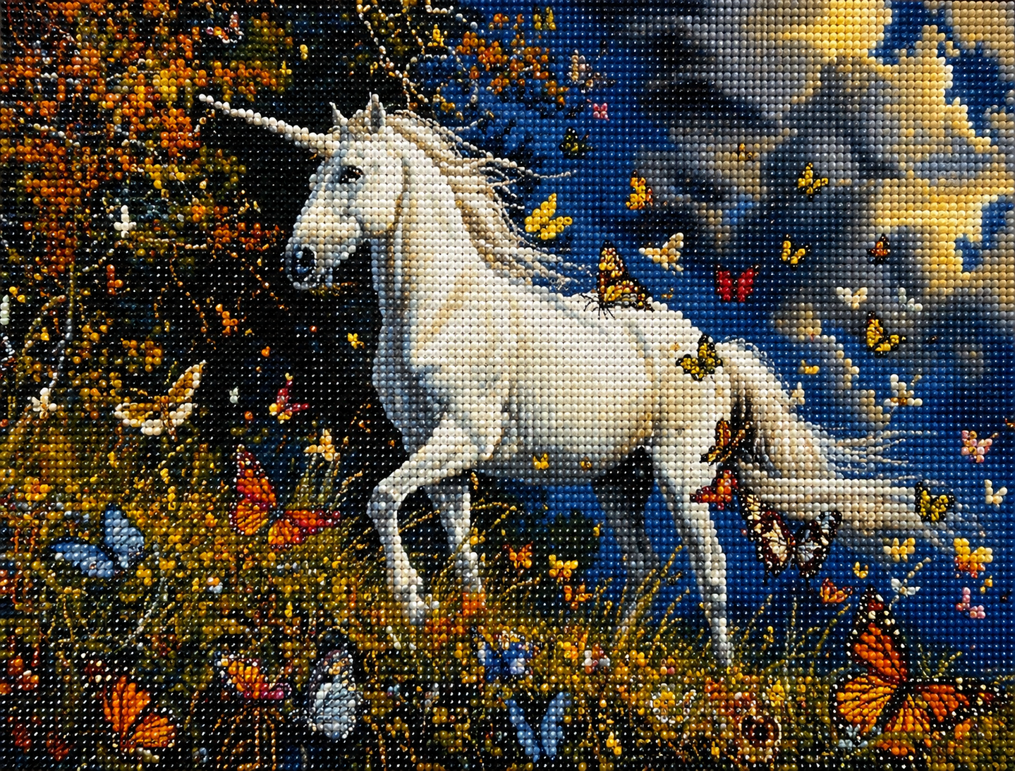 Clouded Sky White Unicorn In Butterflies Diamond Art Kit — diamond art kit canvas