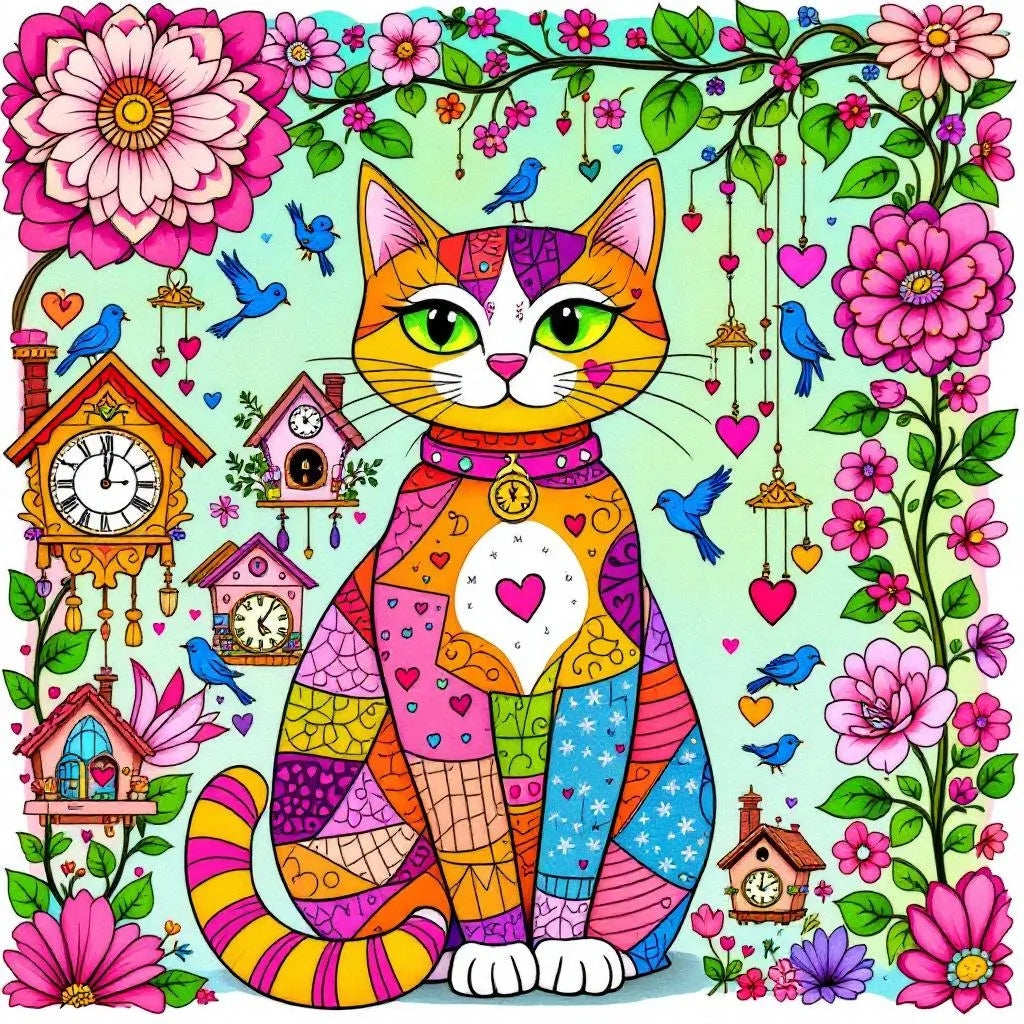 Colorful Abstract Cat and Cuckoo Clocks Diamond Art Kit