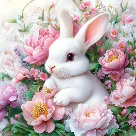 Colorful Flower White Rabbit Diamond Art Kit