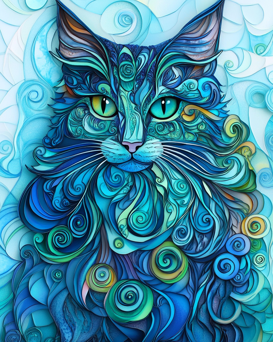 Colorful Green Swirls Cat Diamond Art Kit