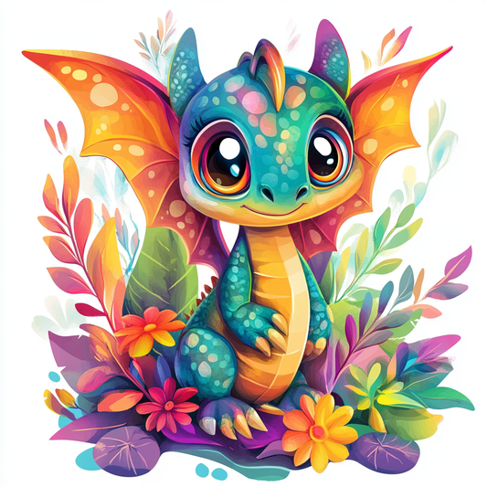Colorful Leaves and Flowers Baby Dragon Diamond Art Kit