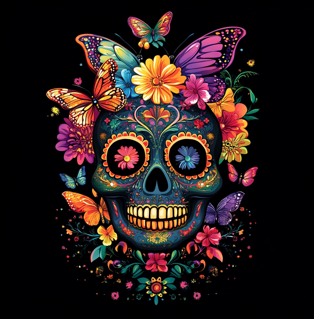 Colorful Rainbow Flower Butterfly Skull Diamond Art Kit