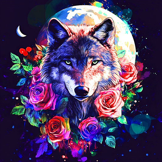 Colorful Roses and Wolf Moon Diamond Art Kit