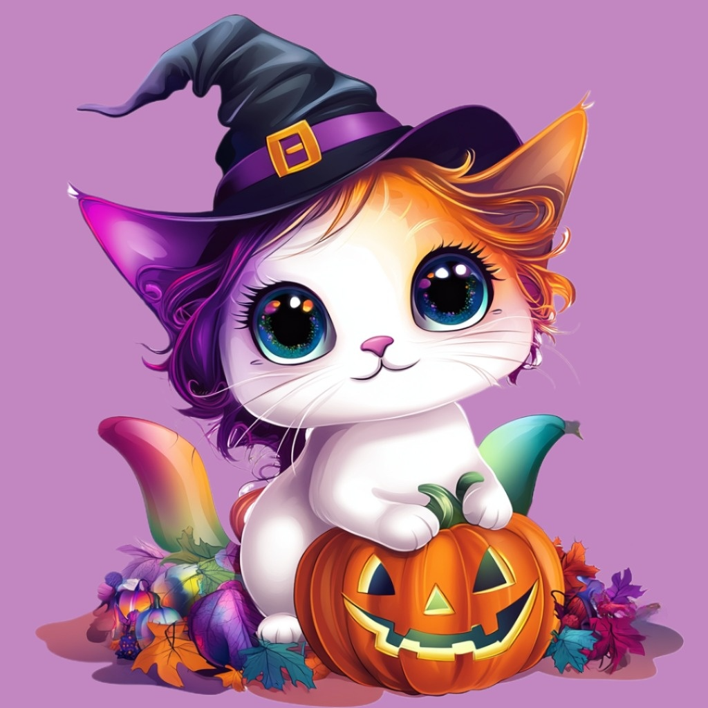 Colorful Witch Kitten Diamond Art Kit