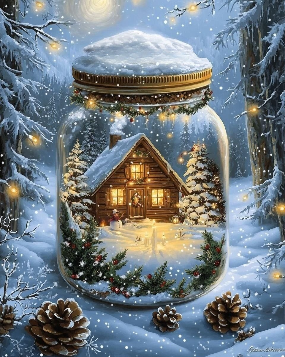 Cozy Christmas Cabin in a Jar Diamond Art Kit