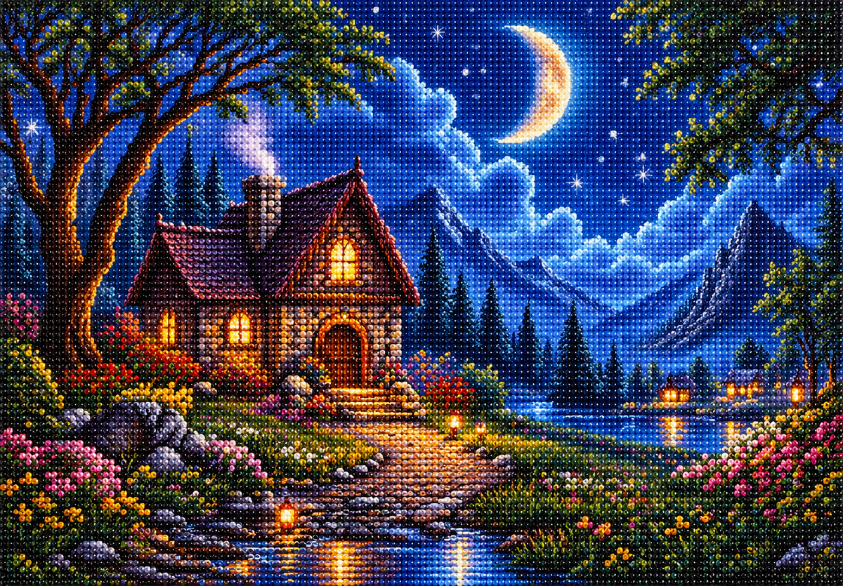 Crescent Moon Stone Cottage Diamond Art Kit