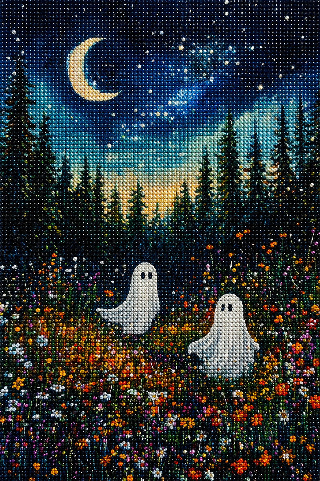 Crescent Moon White Ghosts Diamond Art Kit