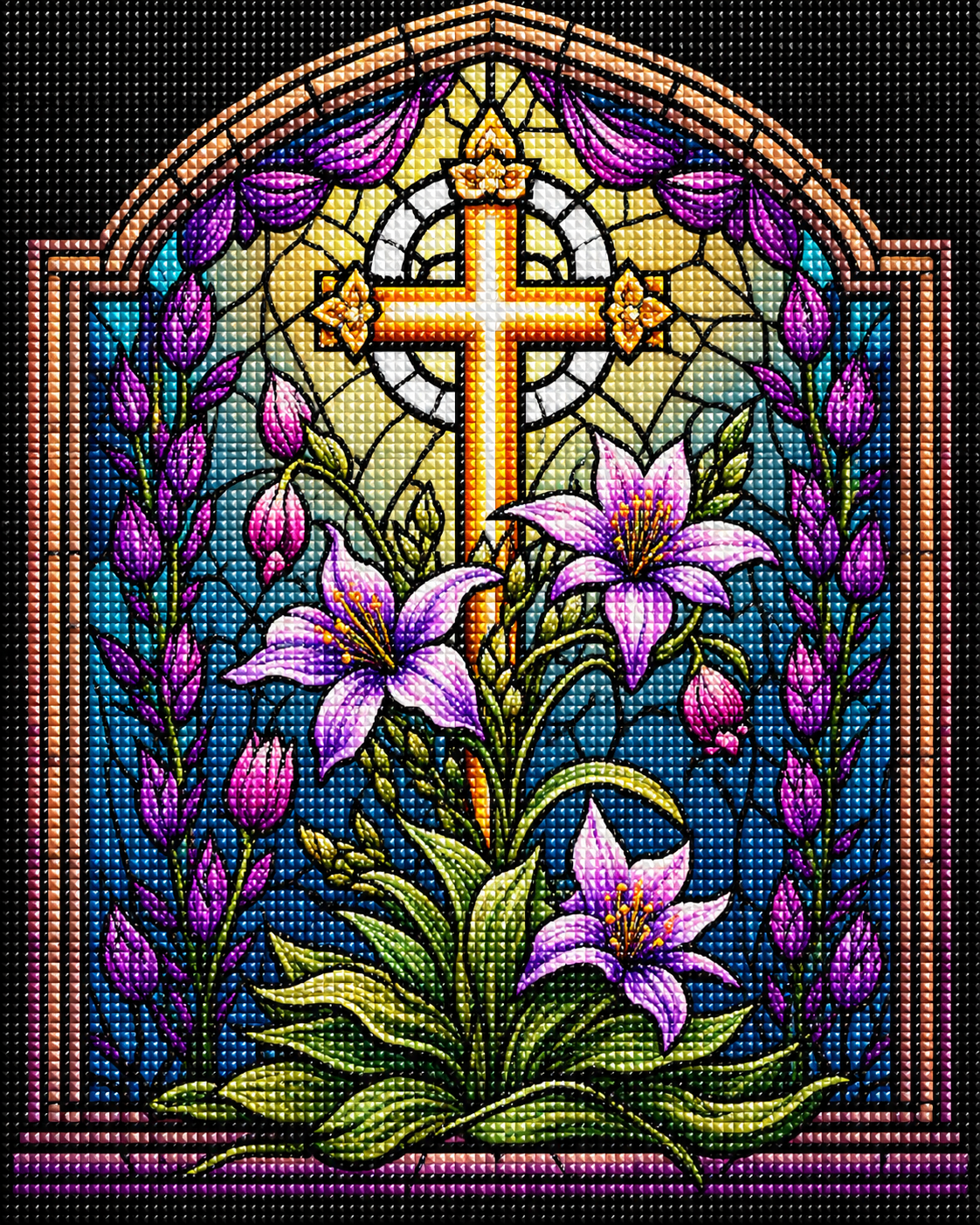 Cross And Purple Lilies Abstract Diamond Art Kit