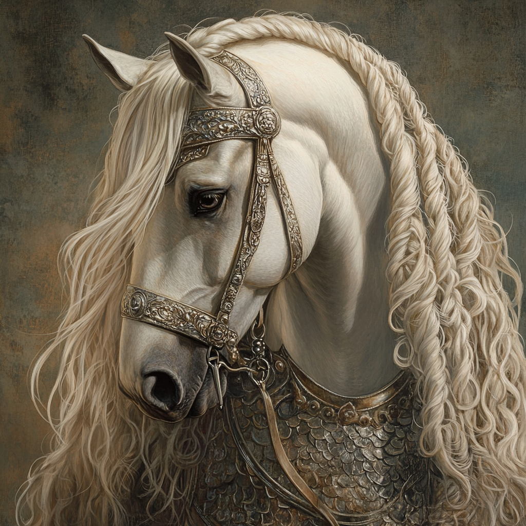 Curly Hair White Mane Horse in Armor Diamond Art Kit