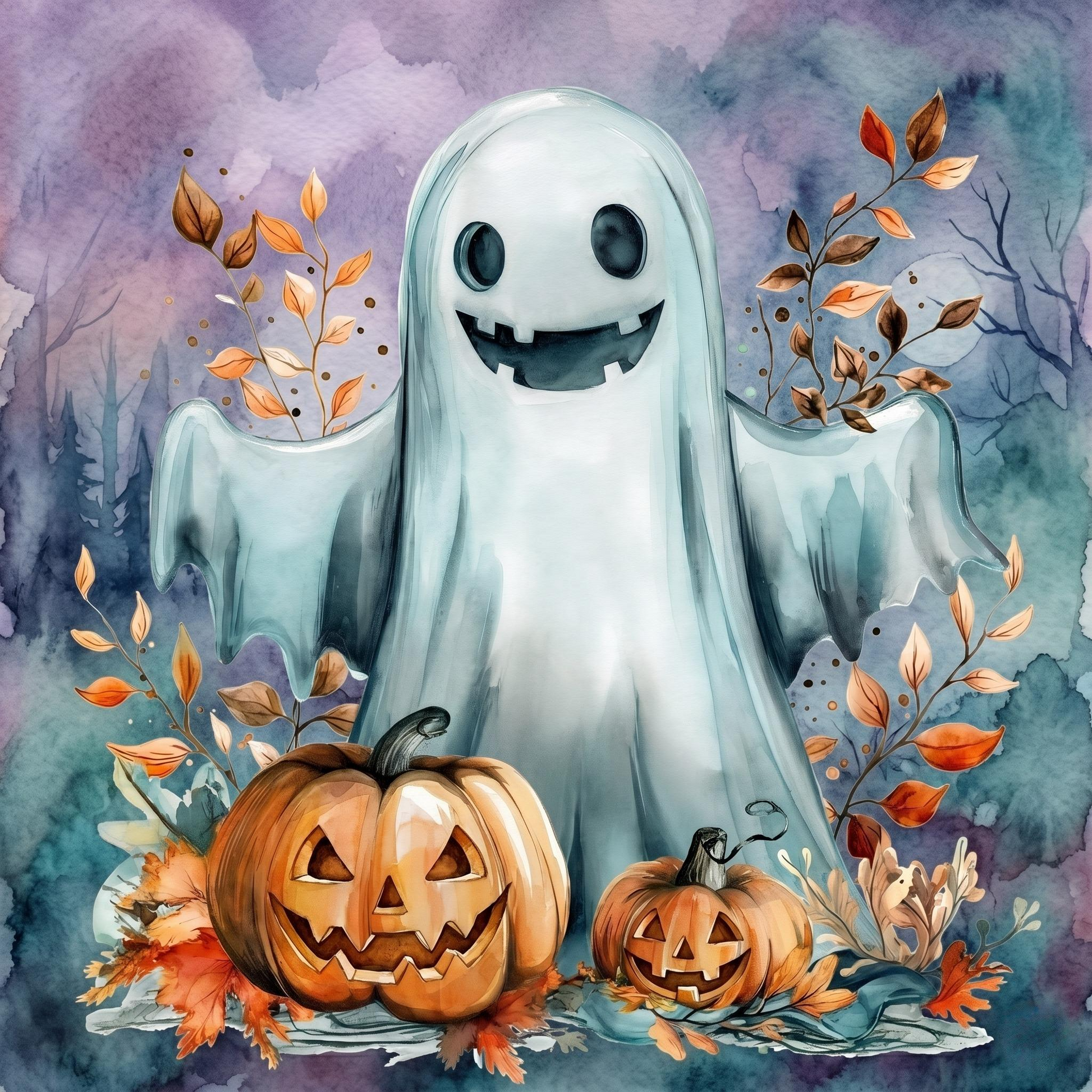 Cute White Ghost and Pumpkins Diamond Art Kit