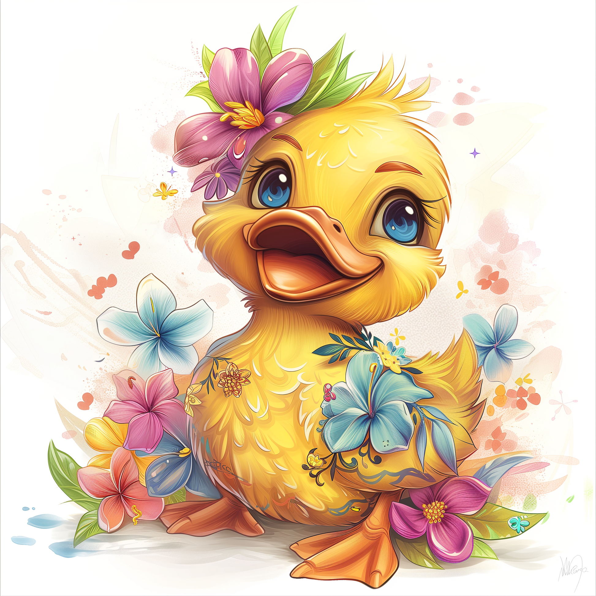 Cute Yellow Duck and Flowers Diamond Art Kit