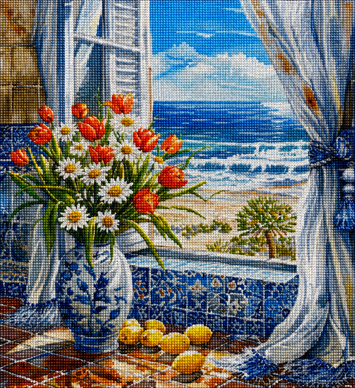Daisy And Tulip Blue Vase Bouquet Diamond Art Kit