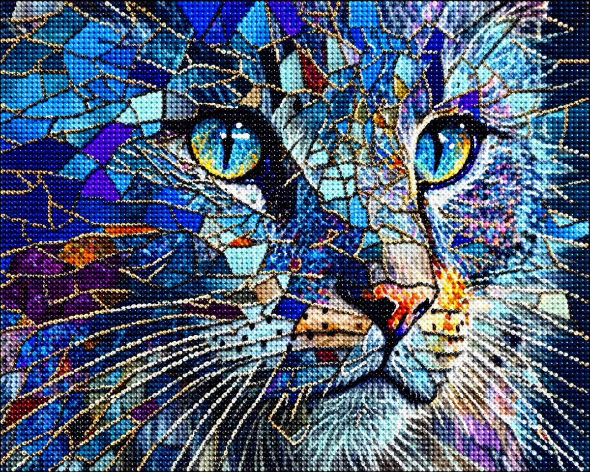 Dark Blue Shattered Cat Face Diamond Art Kit