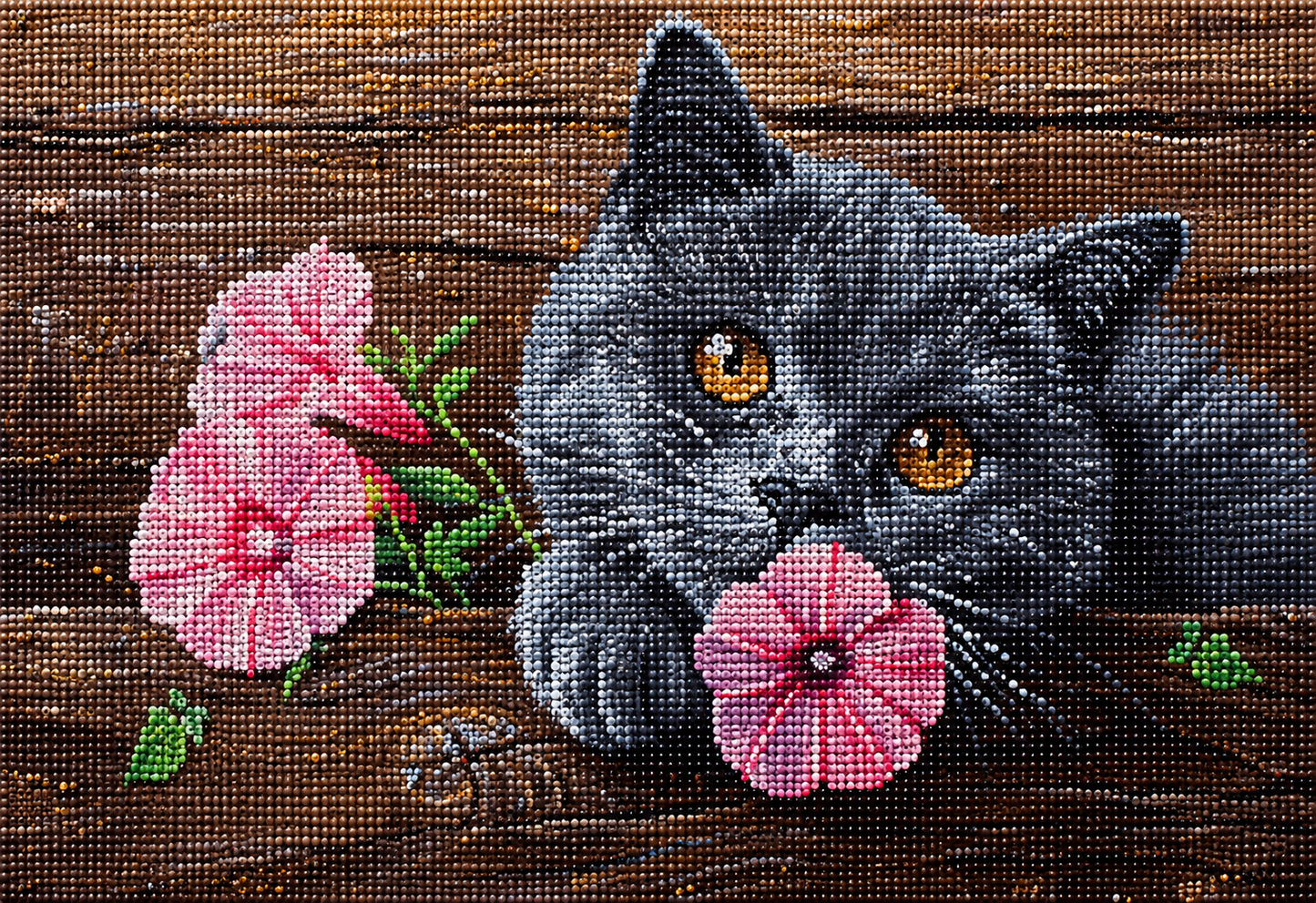 Dark Grey Cat And Pink Flowers Diamond Art Kit