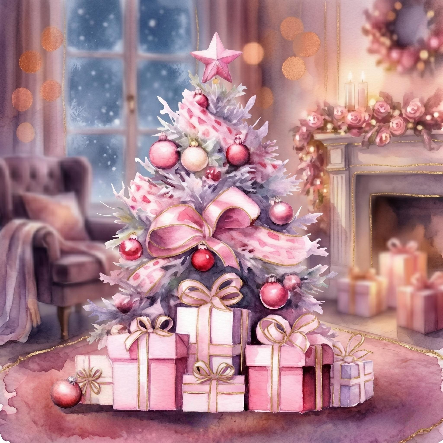 Dark Pink Gifts and Christmas Tree Diamond Art Kit