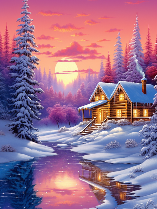 Dark Pink Sky Lighted Snow Cabin Diamond Art Kit