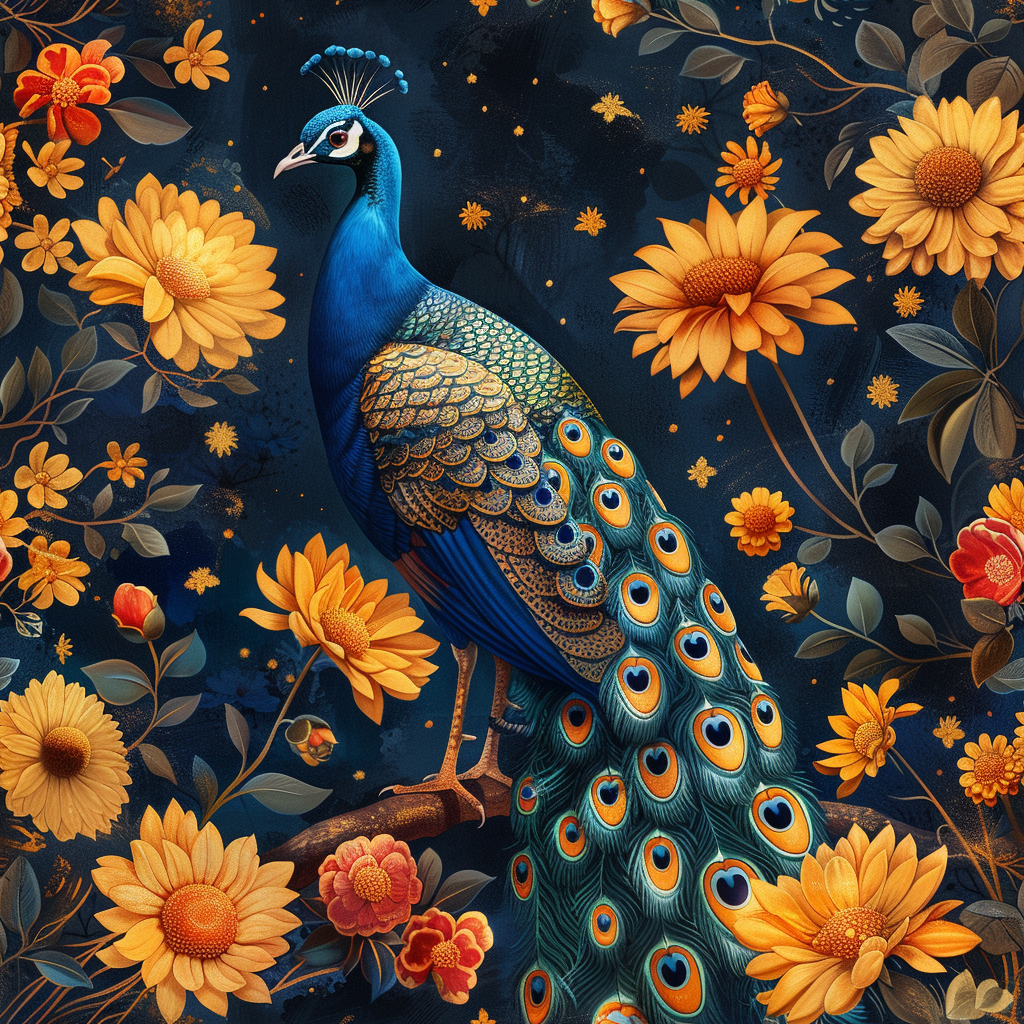 Dark Yellow Flower Peacock Diamond Art Kit