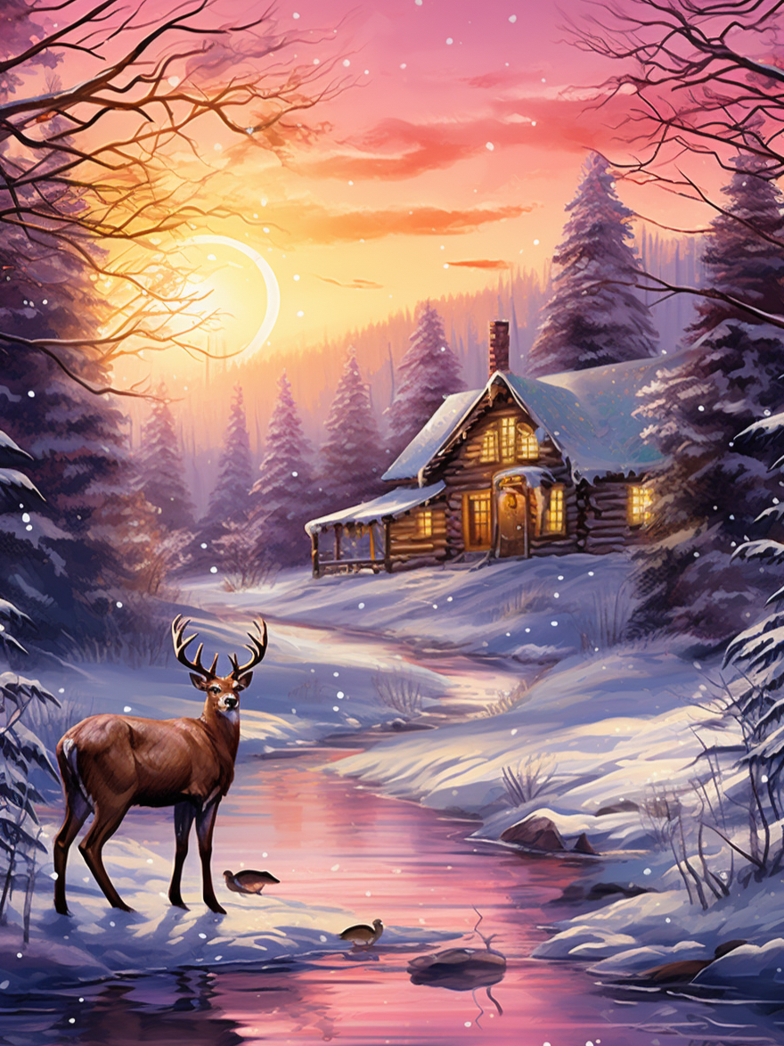 Deer by the Snow Cabin Diamond Art Kit