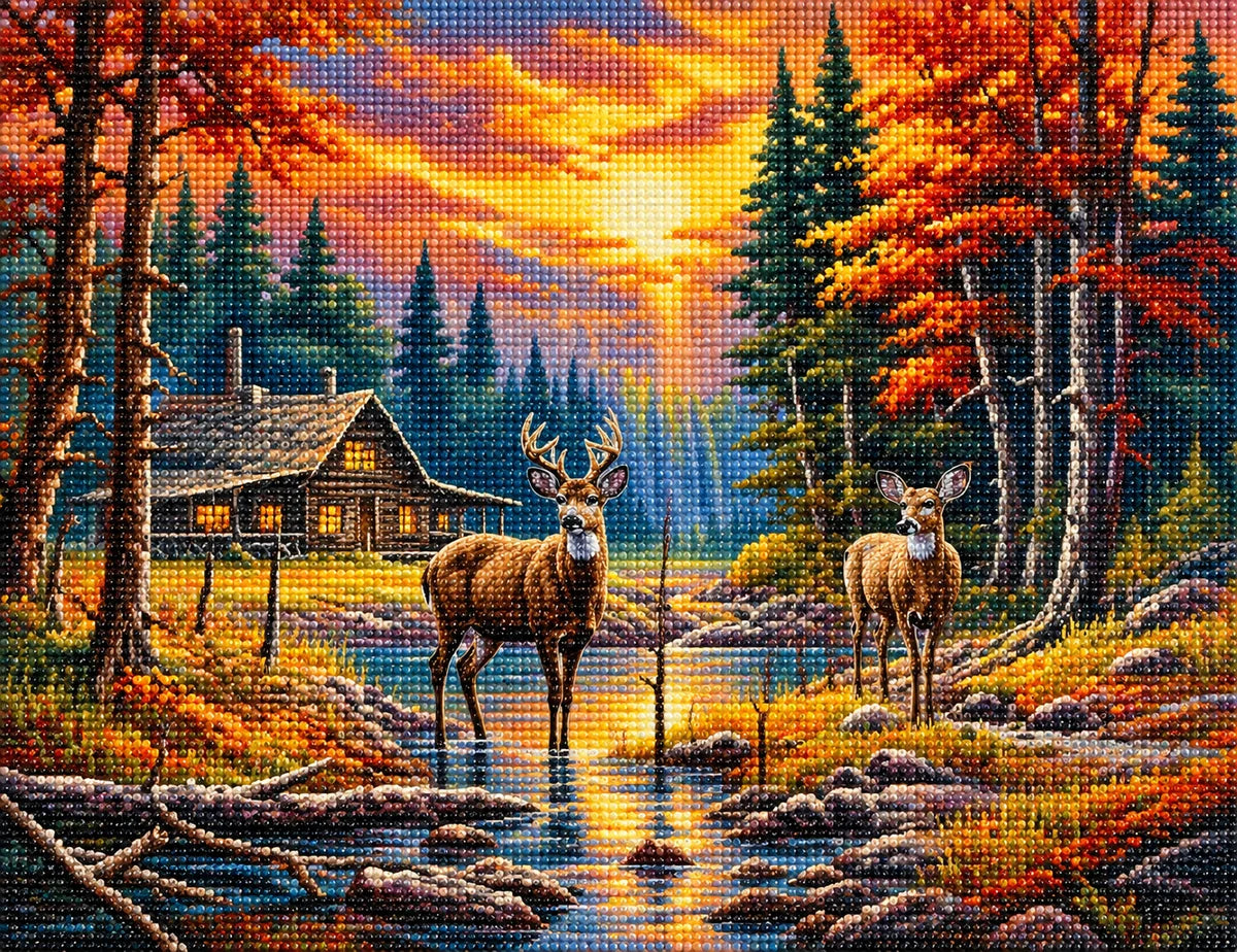 Doe And Buck Fall Cabin Diamond Art Kit