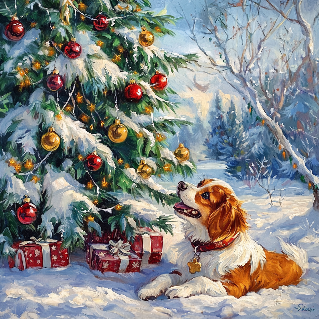 Dog by the Outside Christmas Tree Diamond Art Kit