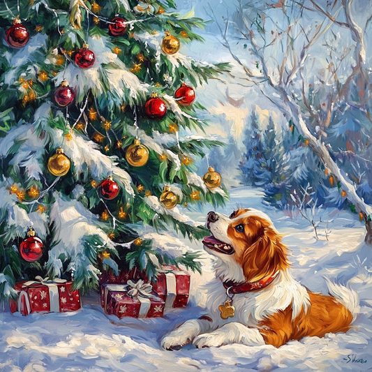 Dog by the Outside Christmas Tree Diamond Art Kit