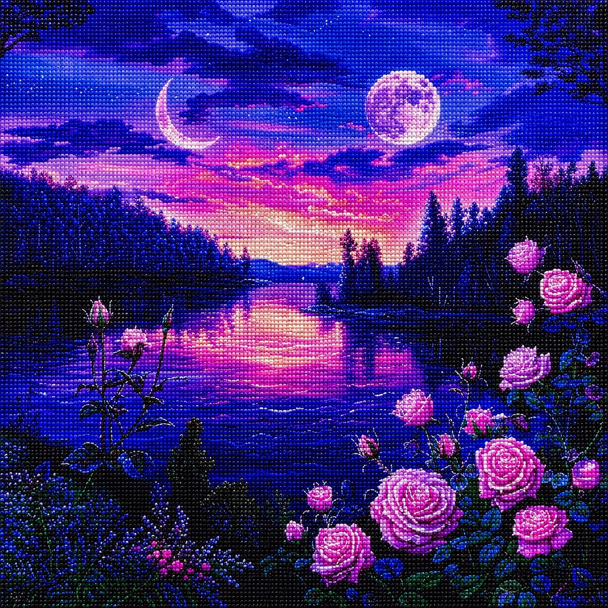 Double Moon Pink Roses Diamond Art Kit
