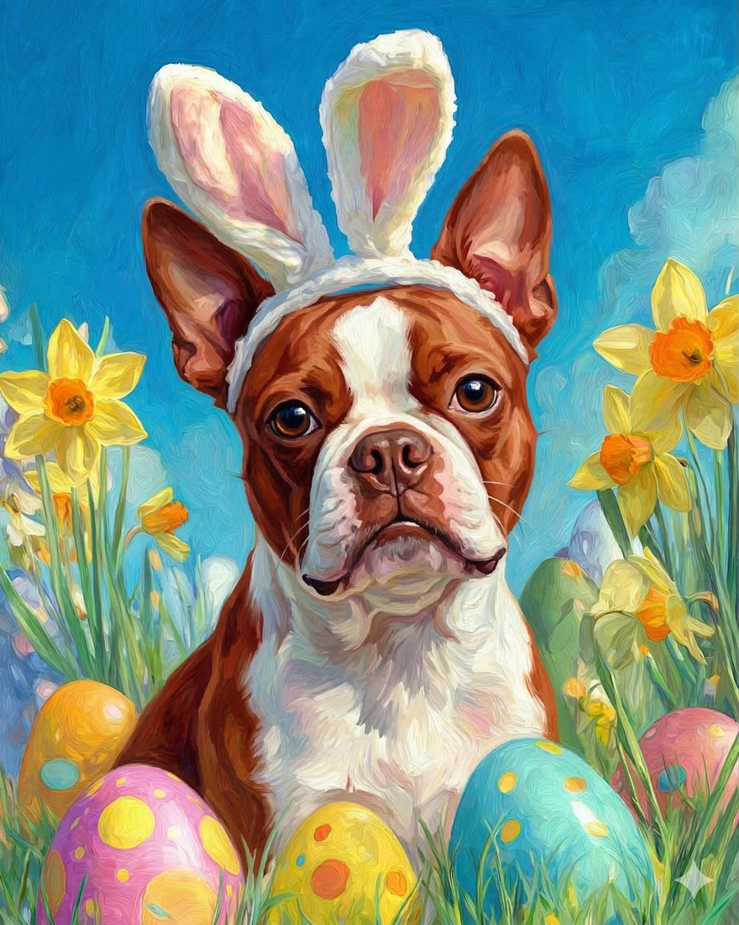 Easter Eggs and Daffodils Red Boston Terrier Diamond Art Kit