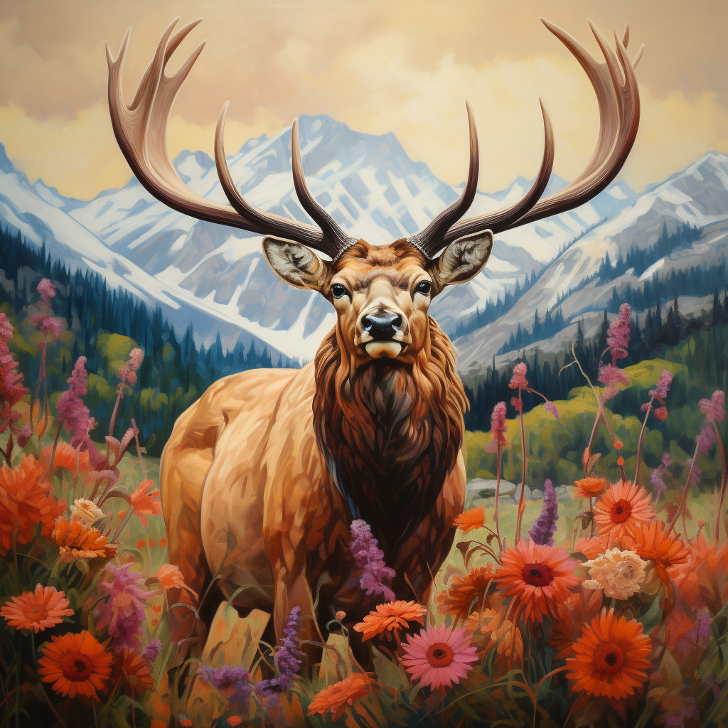 Elk Behind the Flowers Diamond Art Kit
