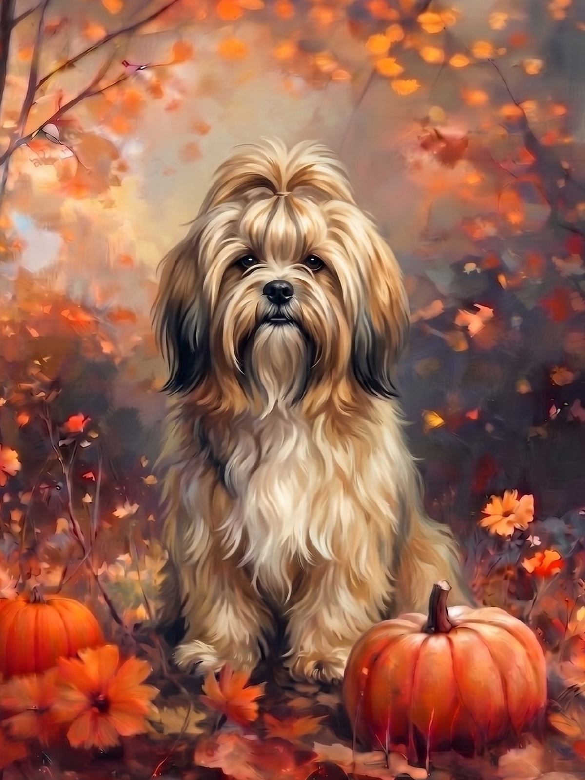 Fall Lhasa Apso With Pumpkins Diamond Art Kit