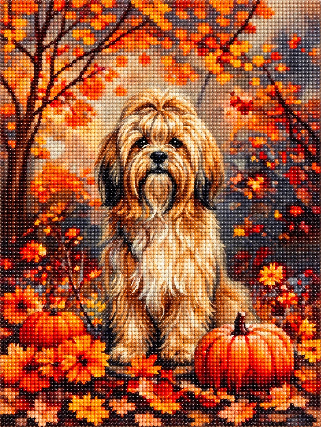 Fall Lhasa Apso With Pumpkins Diamond Art Kit
