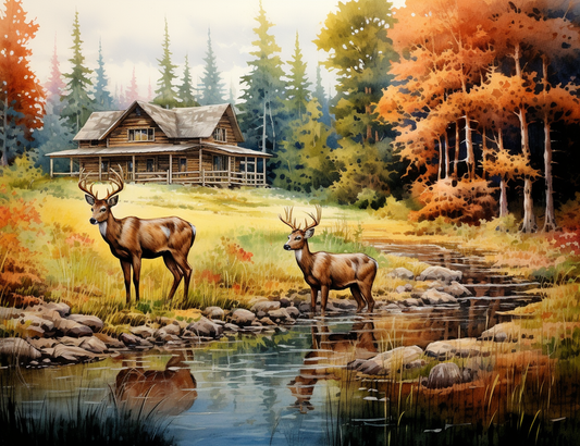 Fall Forest Cabin and Deer Diamond Art Kit