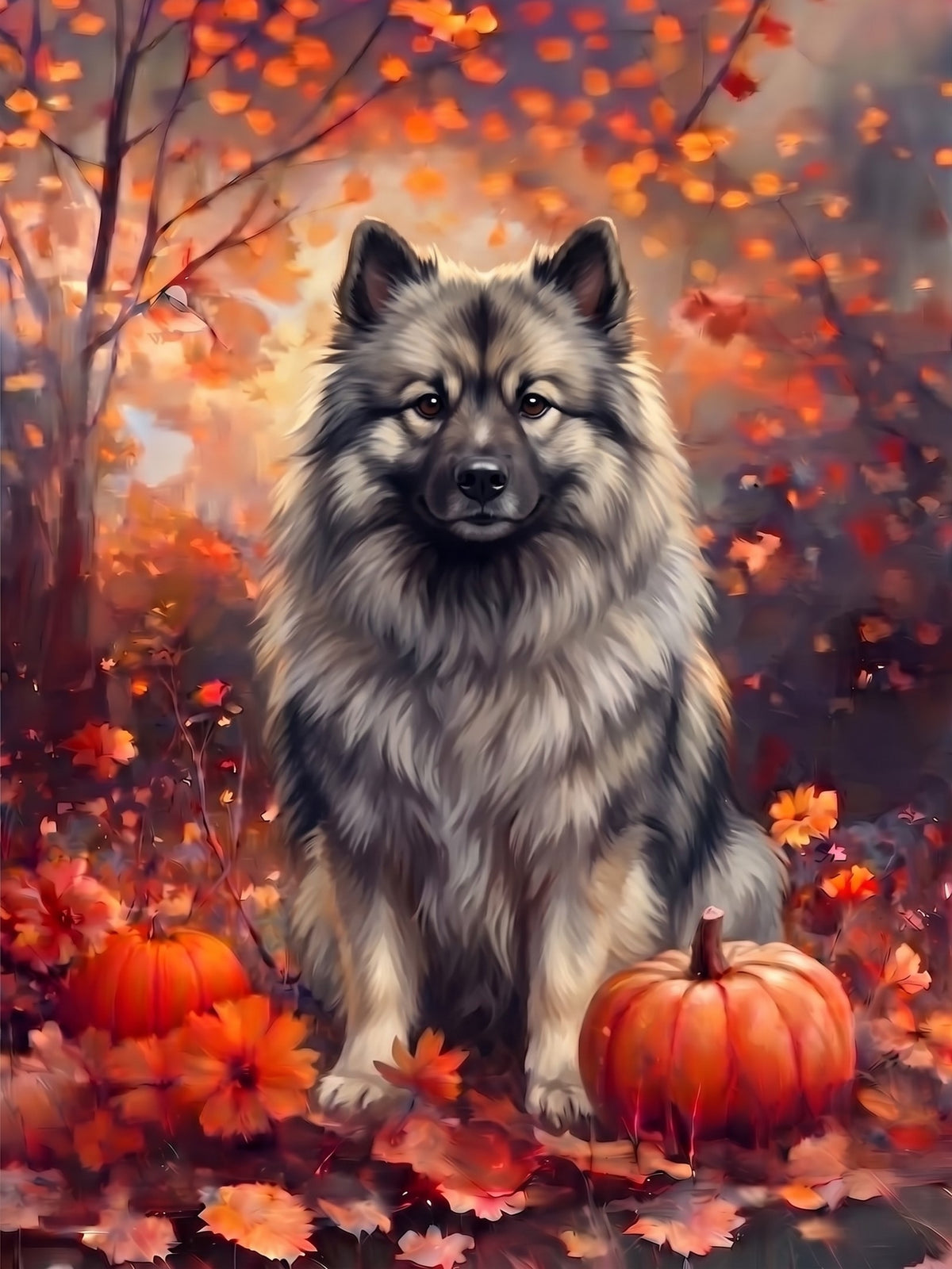 Fall Keeshond With Pumpkins Diamond Art Kit