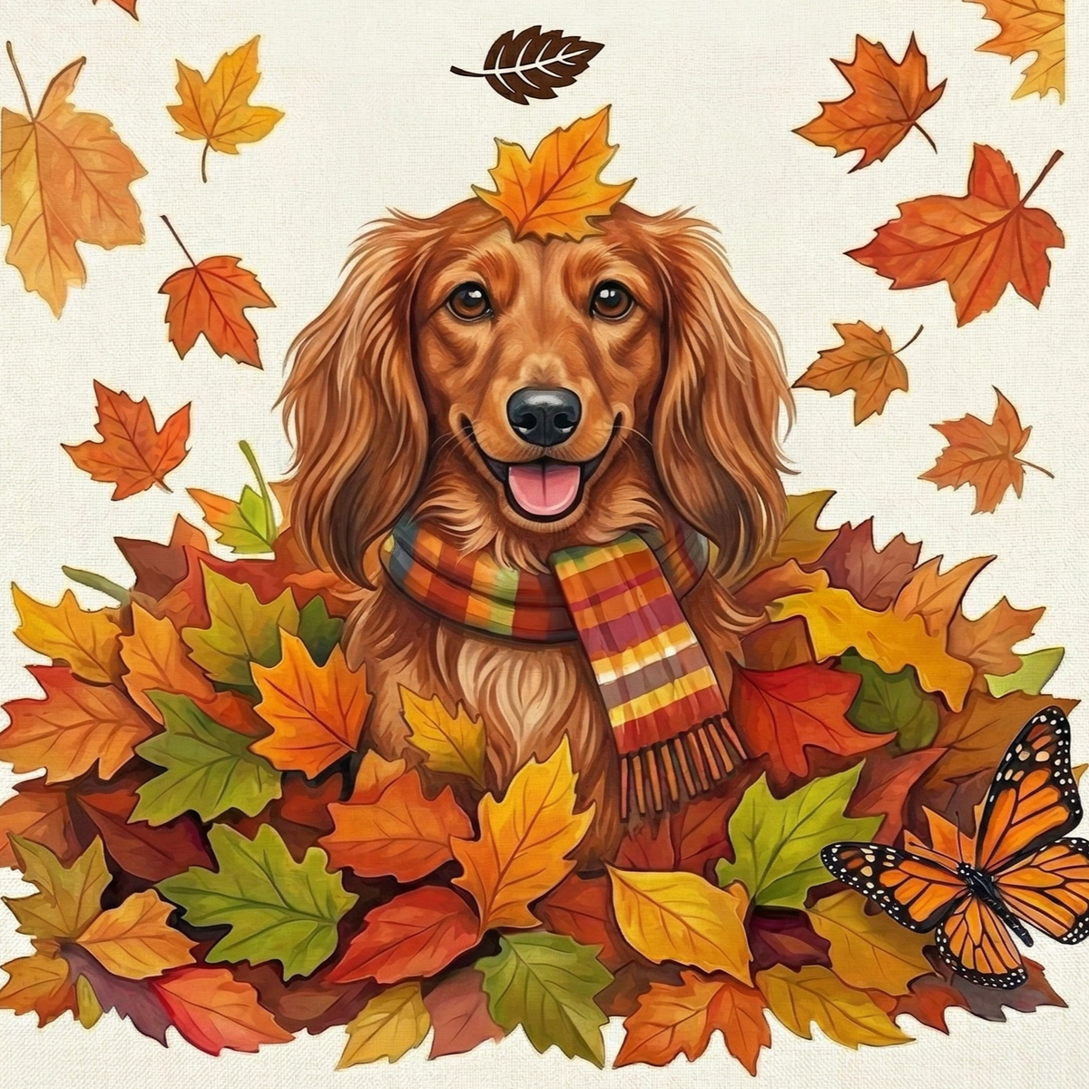 Falling Leaves Long Haired Dachshund Diamond Art Kit
