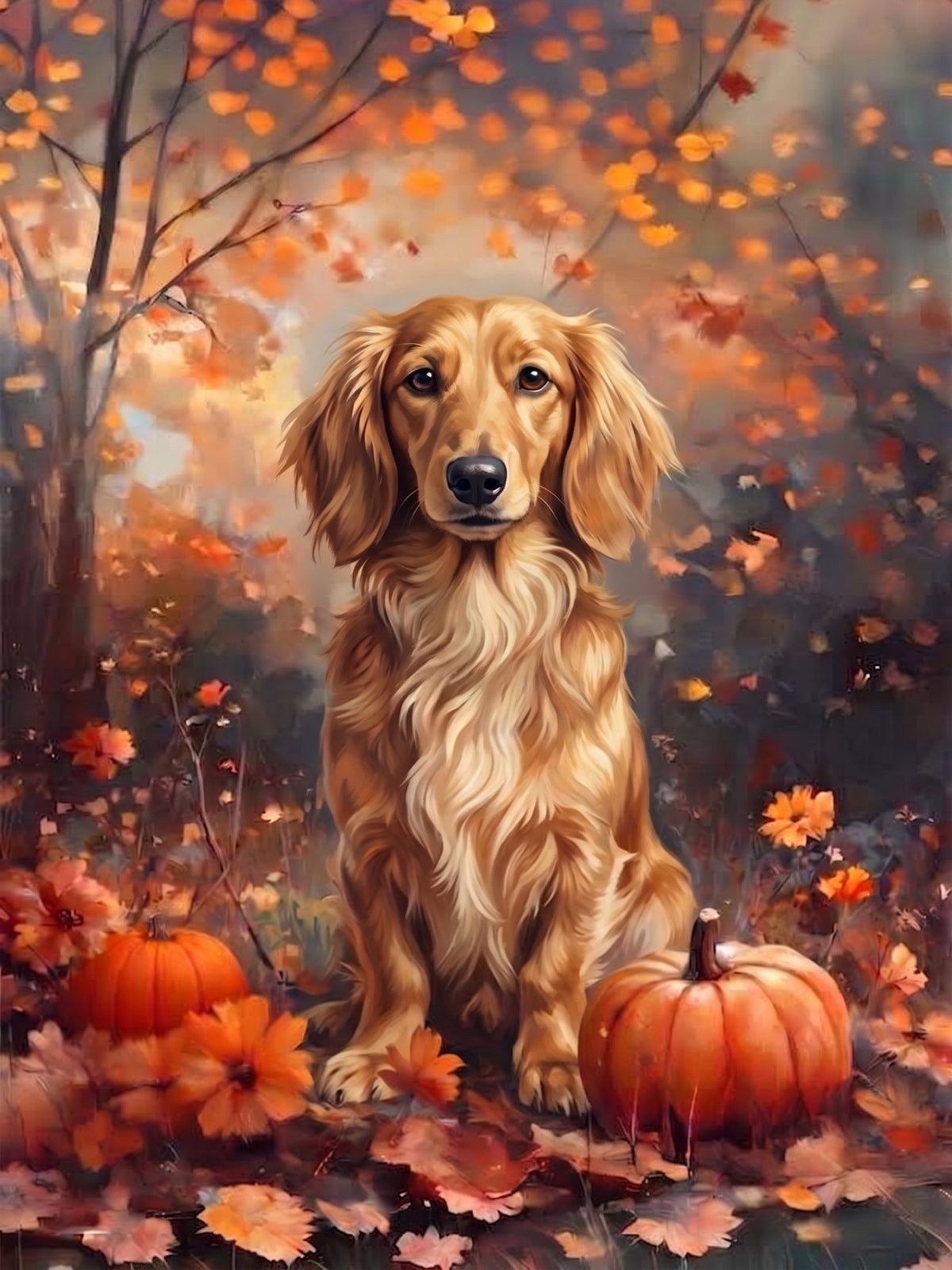 Fall Long Hair Dachshund With Pumpkins Diamond Art Kit