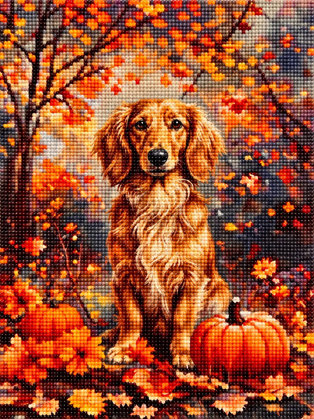 Fall Long Hair Dachshund With Pumpkins Diamond Art Kit
