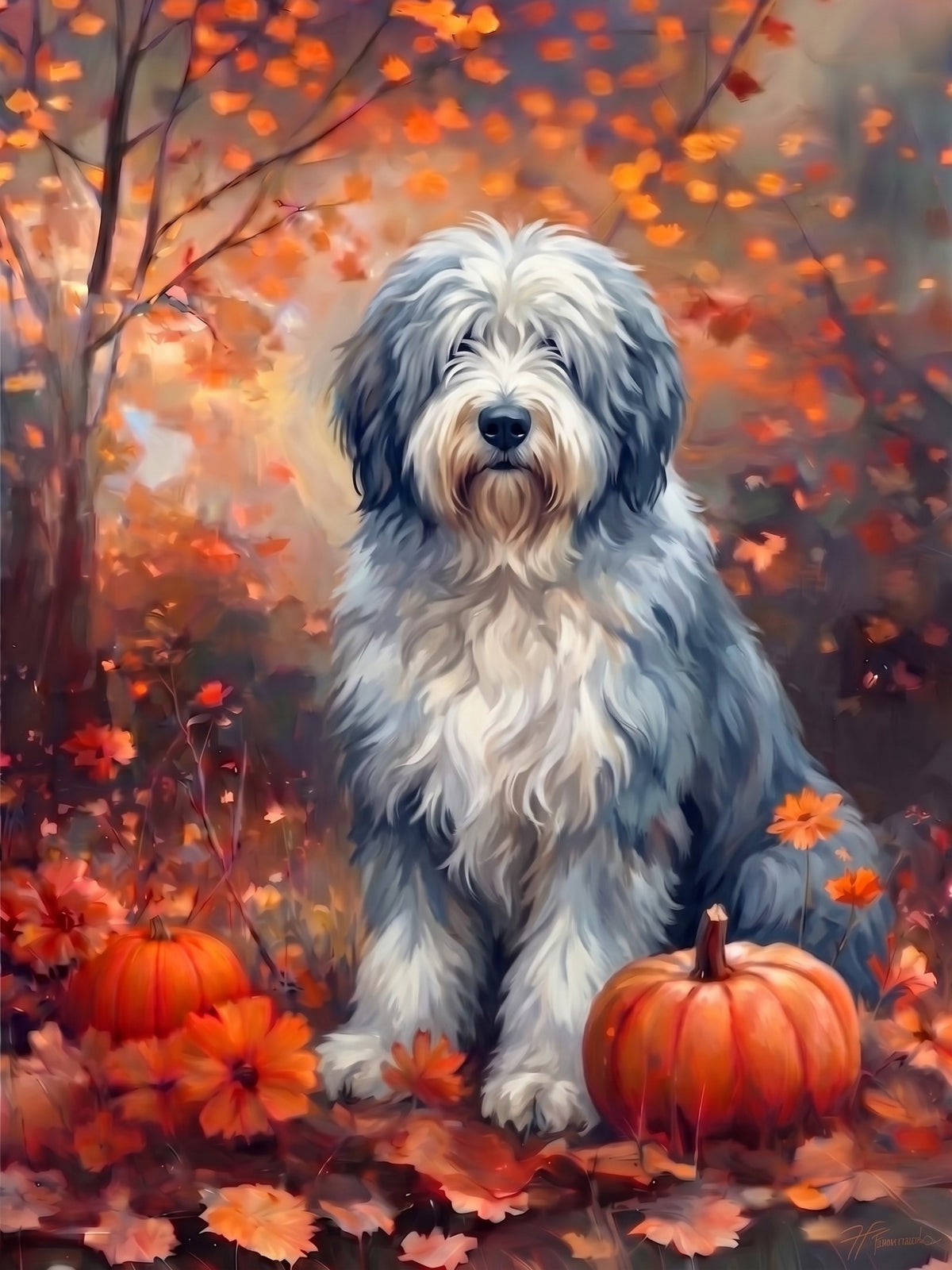 Fall Old English Sheepdog With Pumpkins Diamond Art Kit