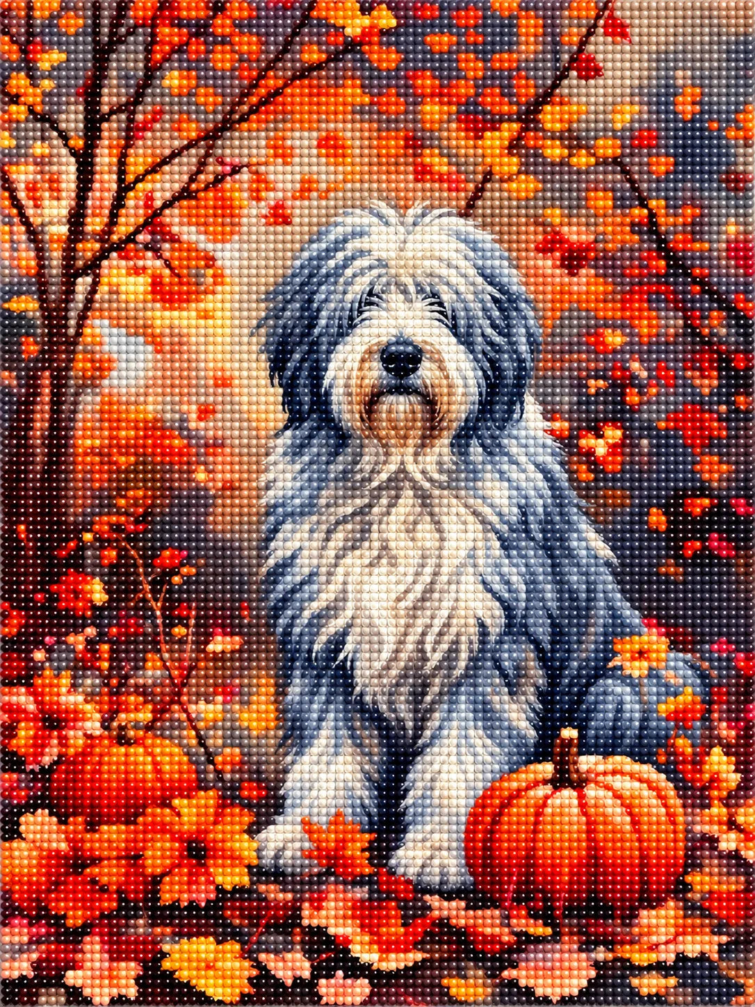 Fall Old English Sheepdog With Pumpkins Diamond Art Kit