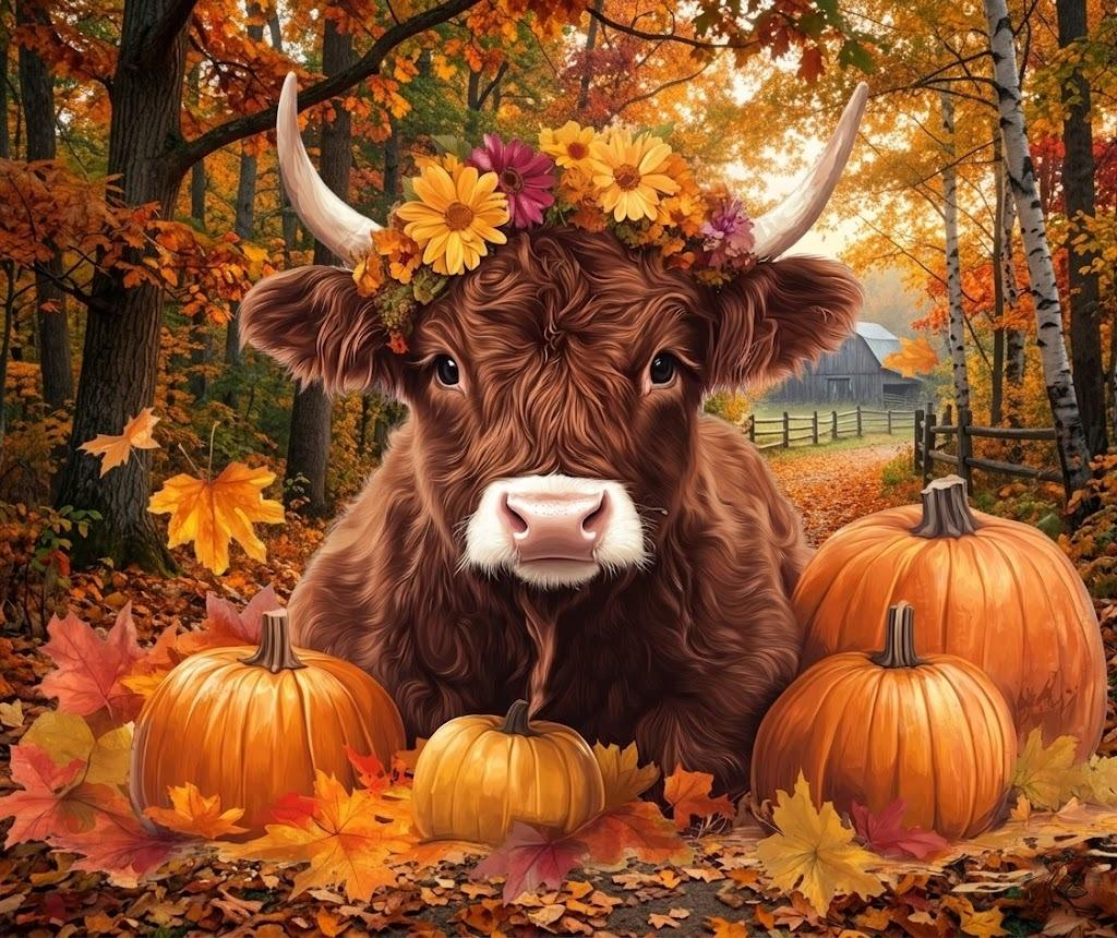 Fall Pumpkin Highland Cow Diamond Art Kit