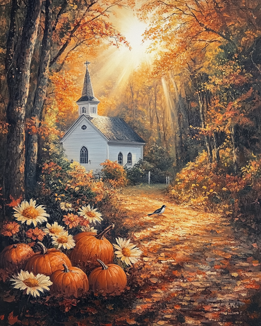 Fall Pumpkins and White Church Diamond Art Kit