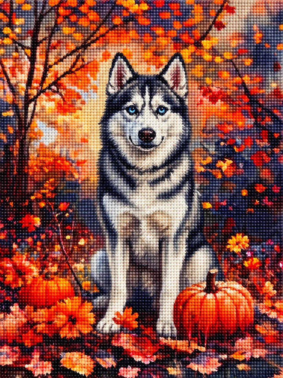 Fall Siberian Husky With Pumpkins Diamond Art Kit